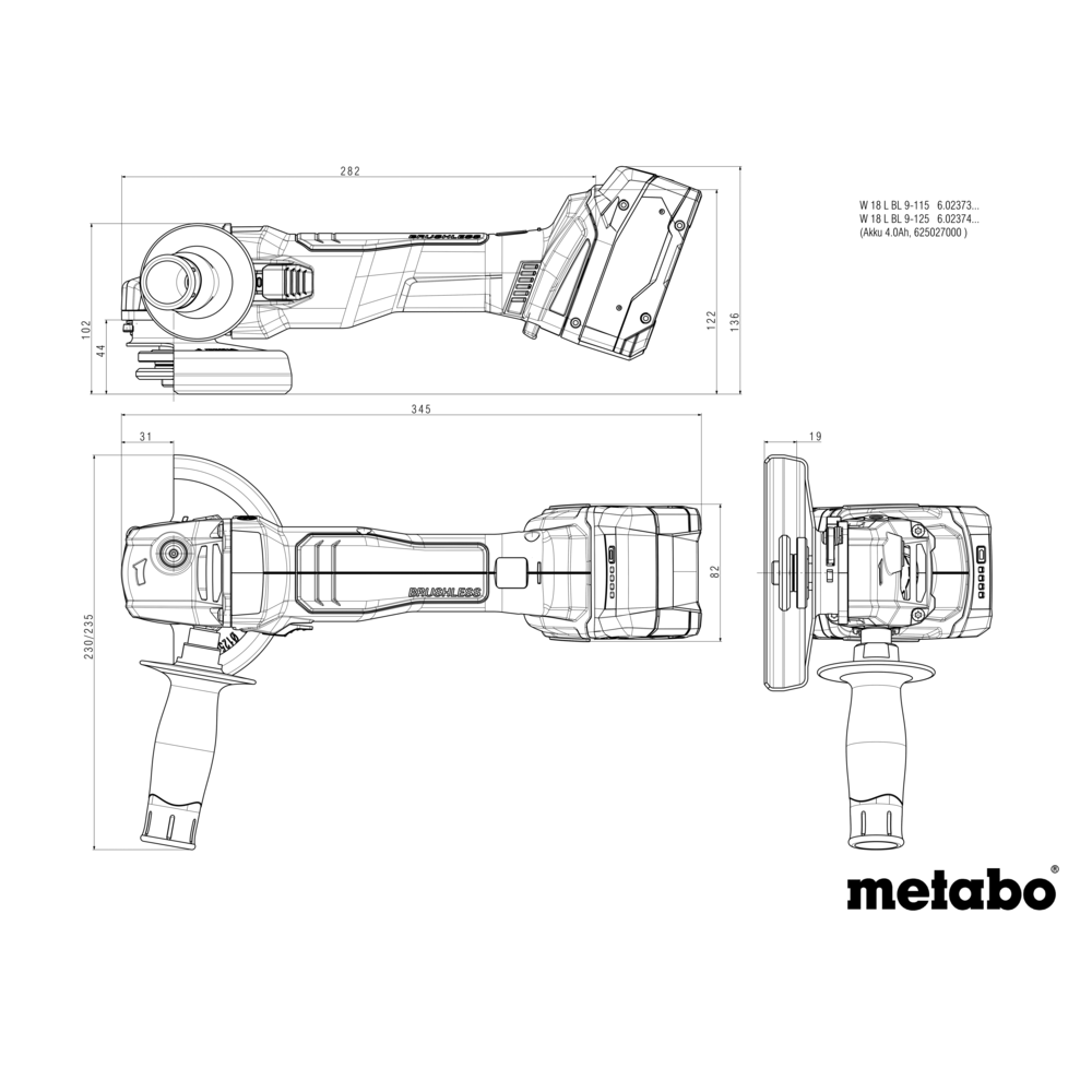 METABO W 18 L BL 9-125 (602374840) BATERIJSKI KOTNI BRUSILNIK