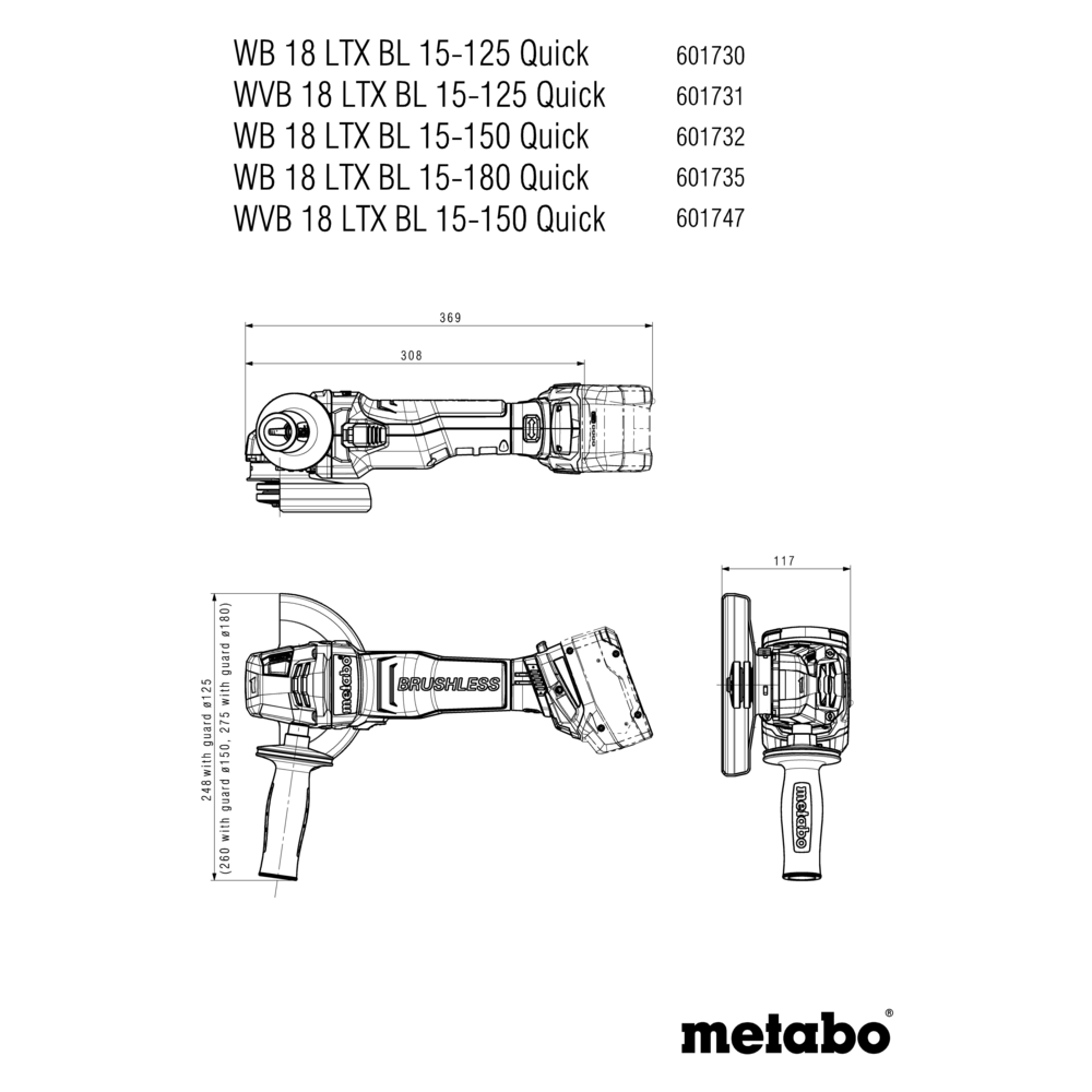METABO WVB 18 LTX BL 15-125 QUICK (601731840) BATERIJSKI KOTNI BRUSILNIK